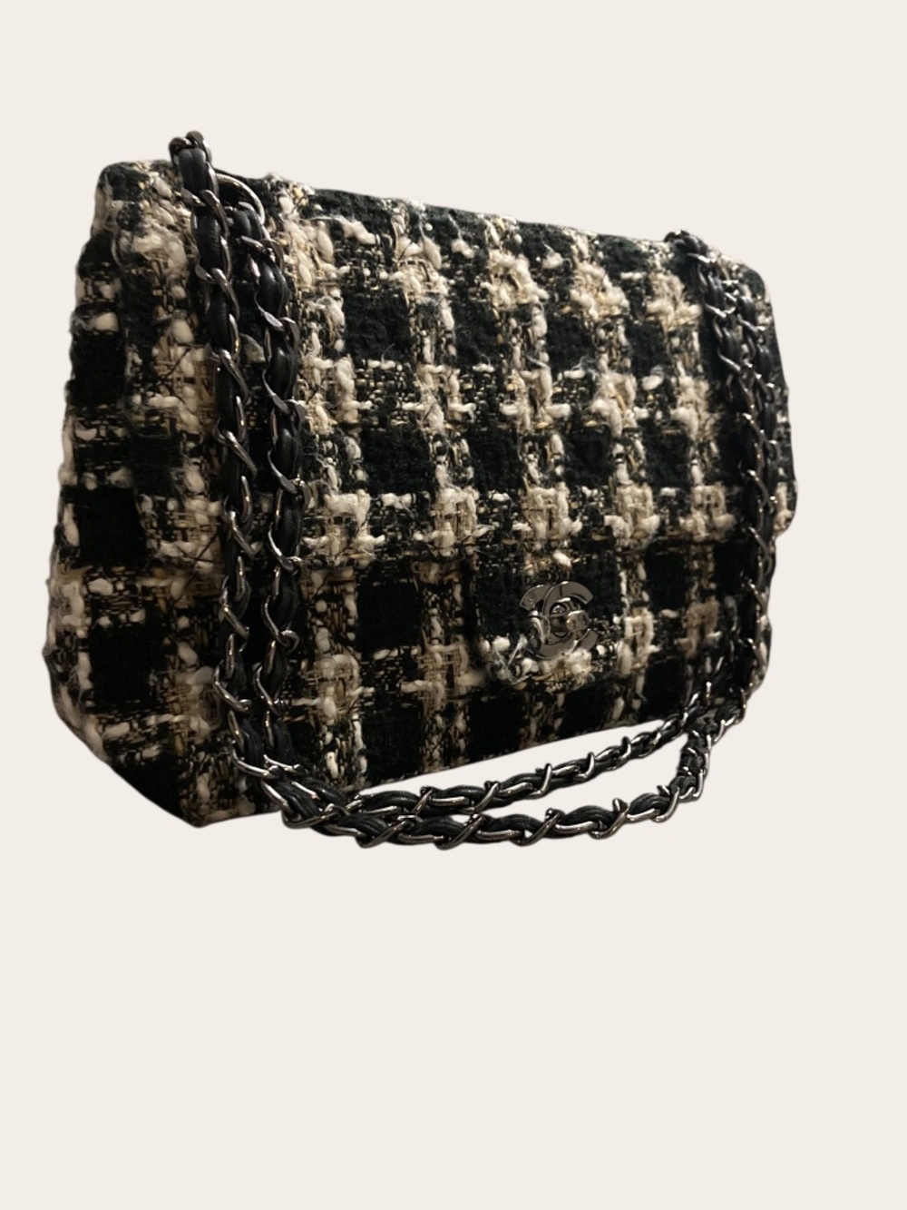 Vintage Tweed Chain Flap Shoulder Bag Black White Bouclé